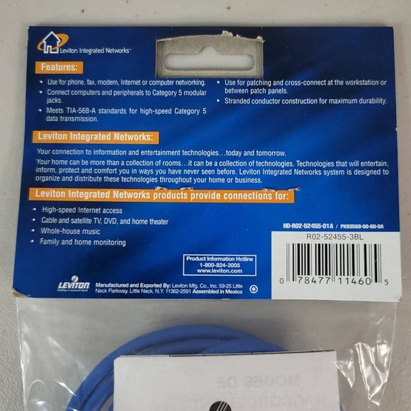 2/$15 NEW Leviton CAT 5 3-Foot Patch Cord Blue 52455-3BL Network Cable Ethernet - Picture 6 of 7